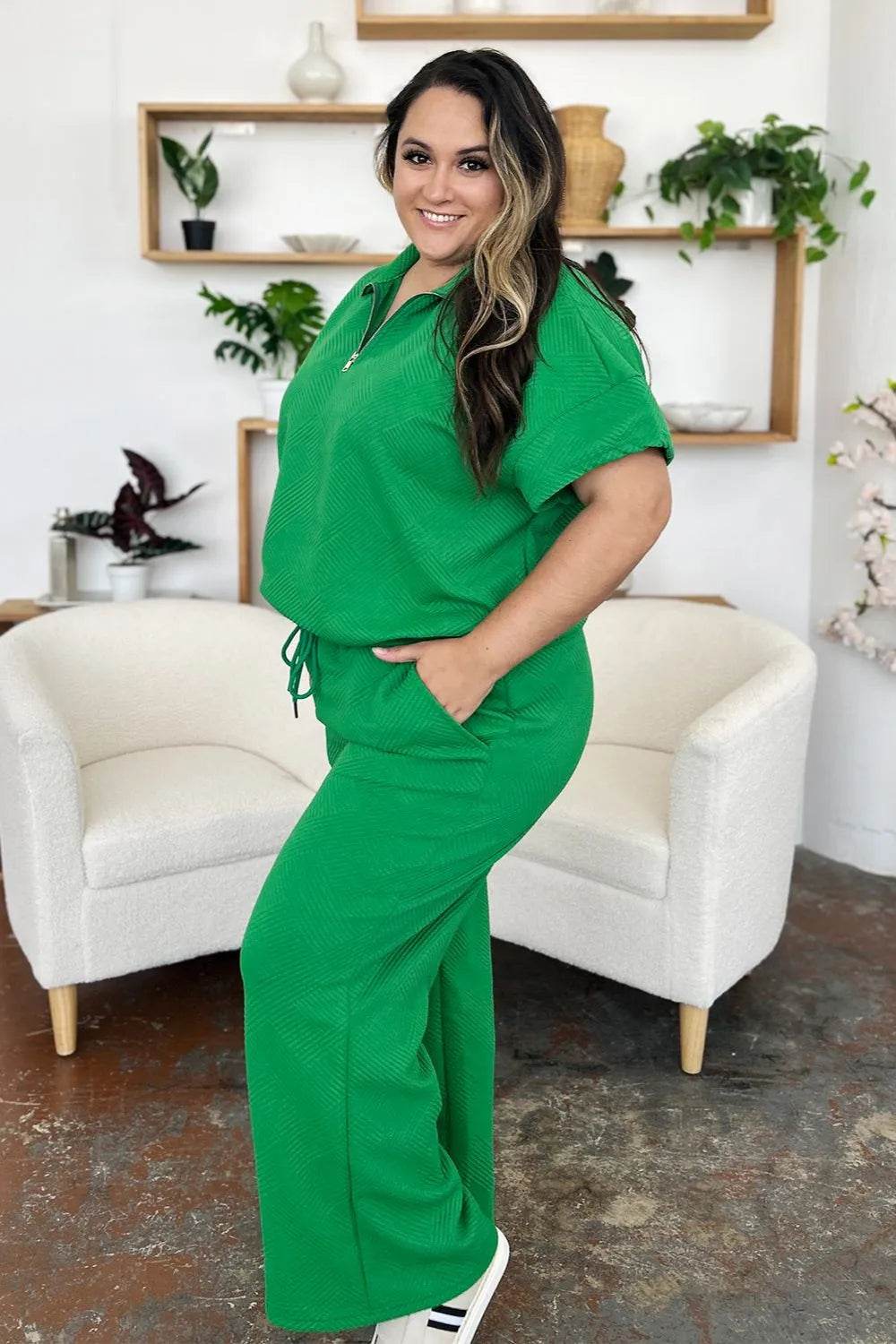 Double Take Full Size Texture Half Zip Short Sleeve Top and Pants Set - Tredona LLC