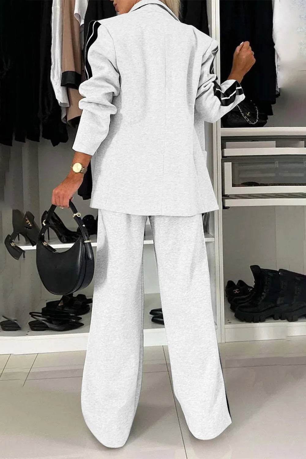 Full Size Contrast Lapel Collar Top and Pants Set - Tredona LLC