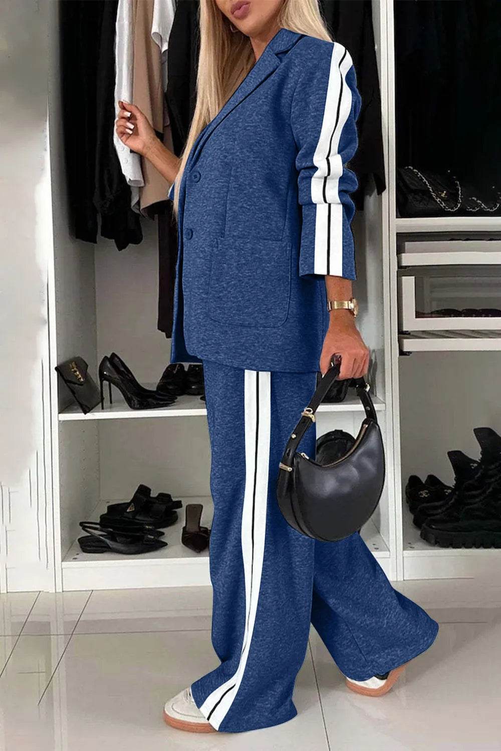 Full Size Contrast Lapel Collar Top and Pants Set - Tredona LLC
