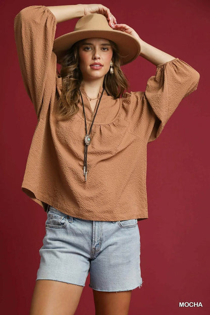 Umgee Textured Notched Blouse with Balloon Sleeves - Tredona LLC