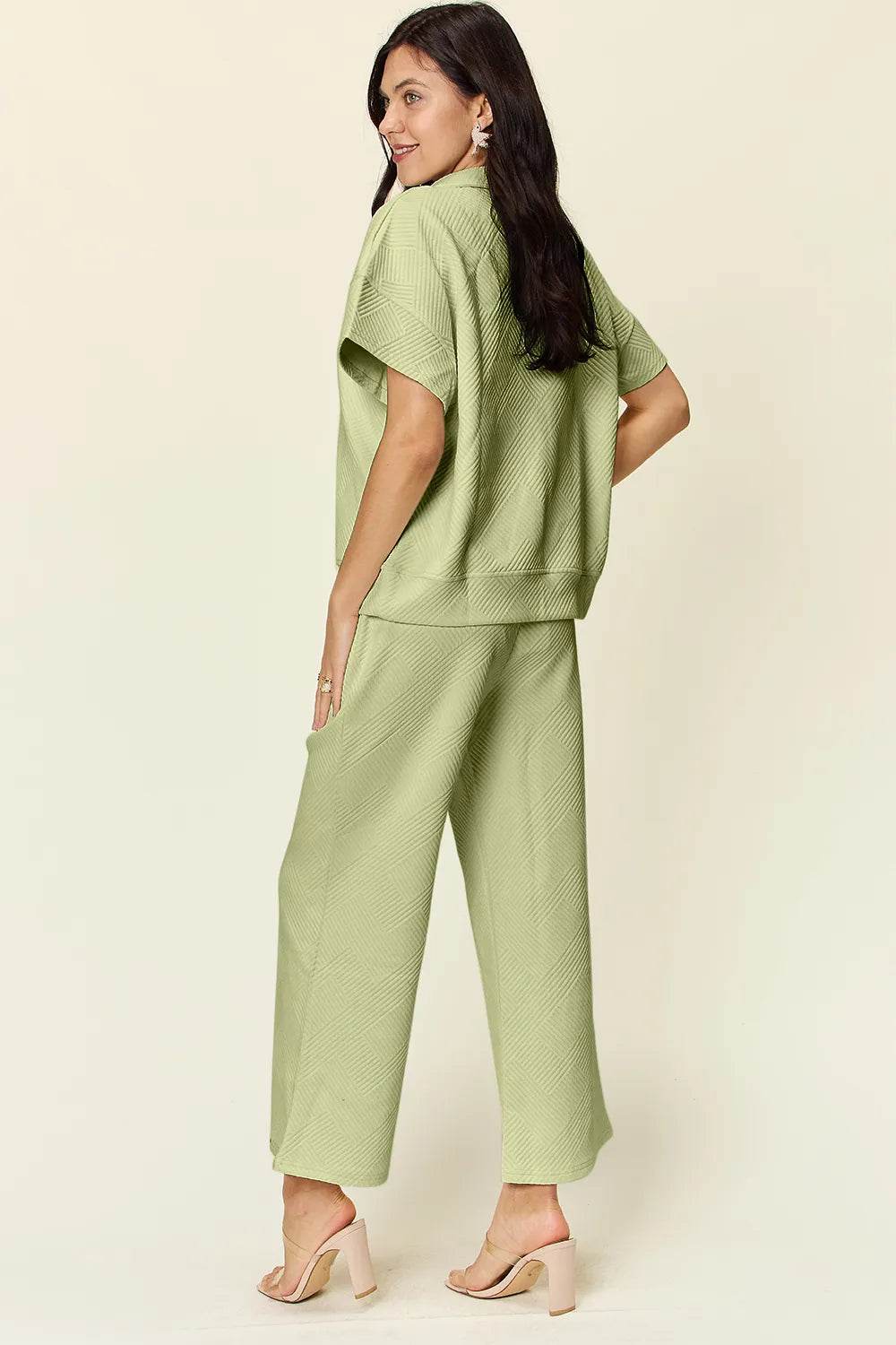 Double Take Full Size Texture Half Zip Short Sleeve Top and Pants Set - Tredona LLC