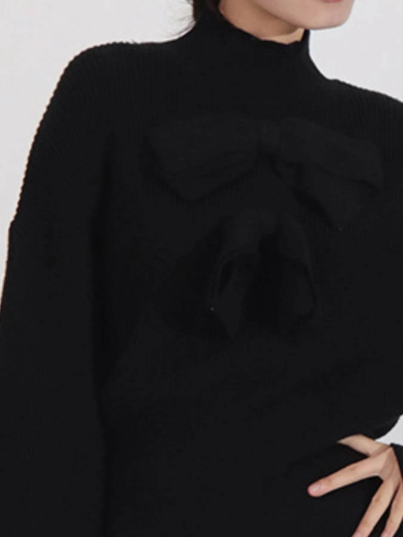 Bow Front Turtleneck Long Sleeve Sweater - Tredona LLC