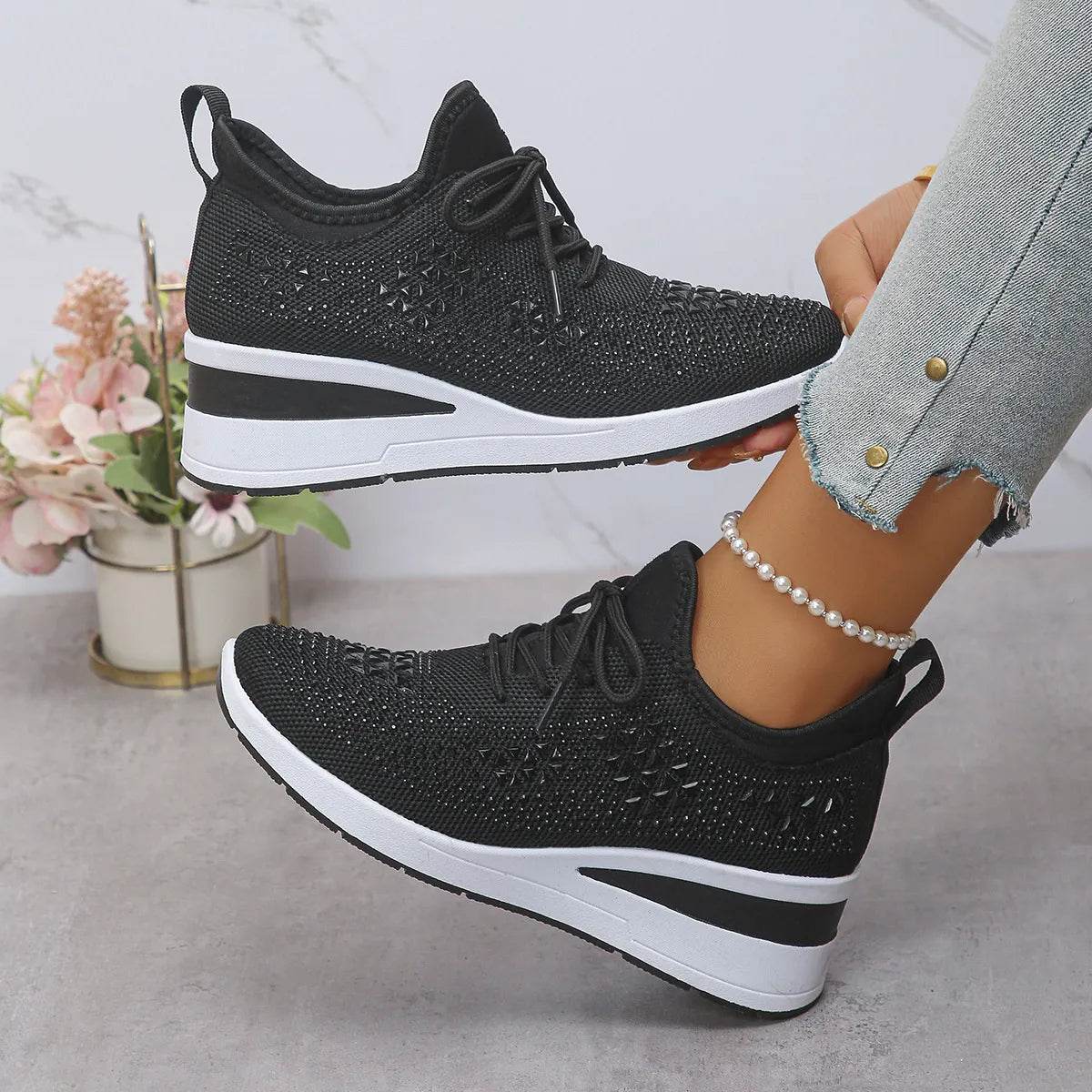 Breathable Mesh Rhinestone Wedge Athletic Sneakers - Tredona LLC