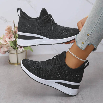Breathable Mesh Rhinestone Wedge Athletic Sneakers - Tredona LLC