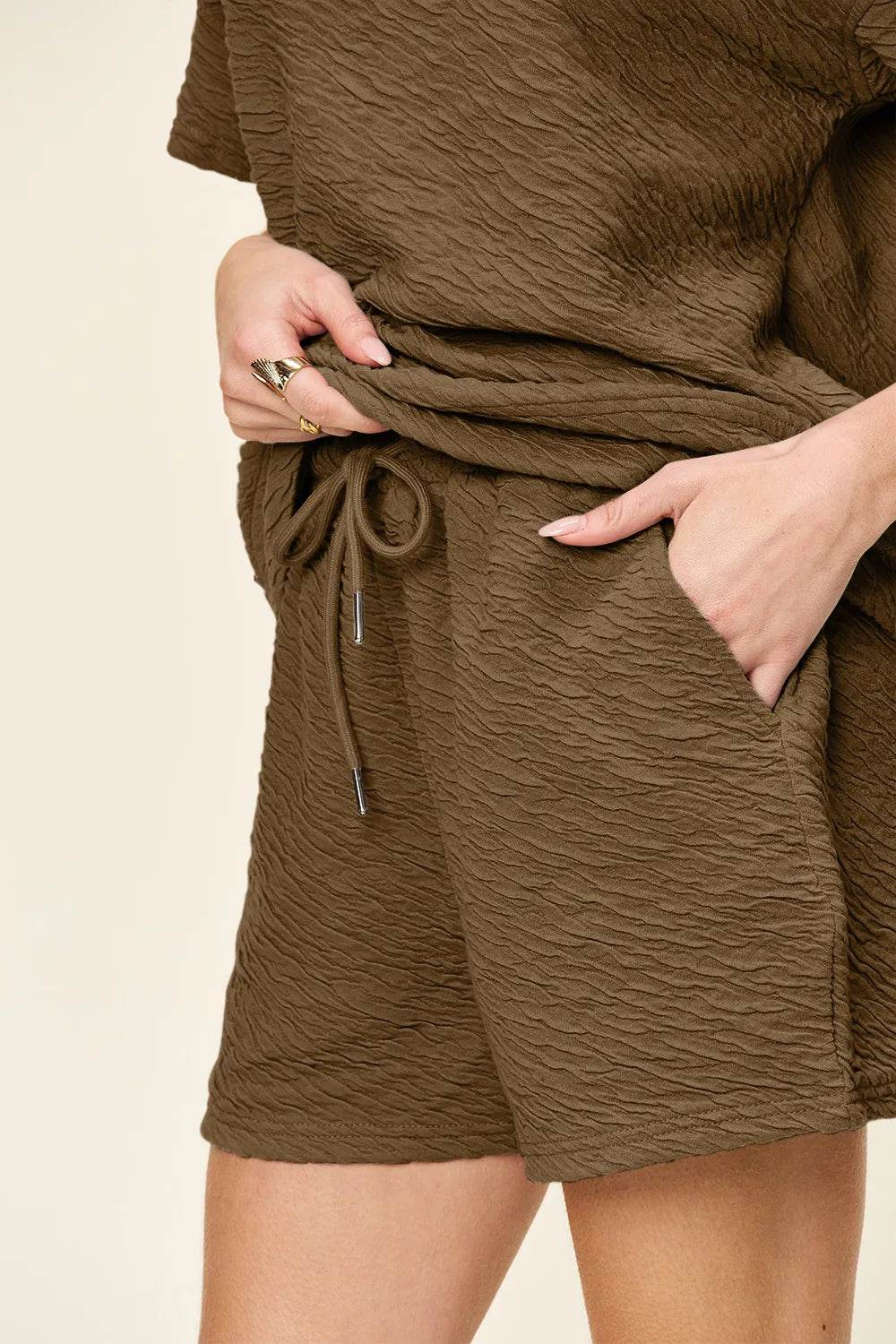 Double Take Full Size Texture Short Sleeve T-Shirt and Drawstring Shorts Set - Tredona LLC