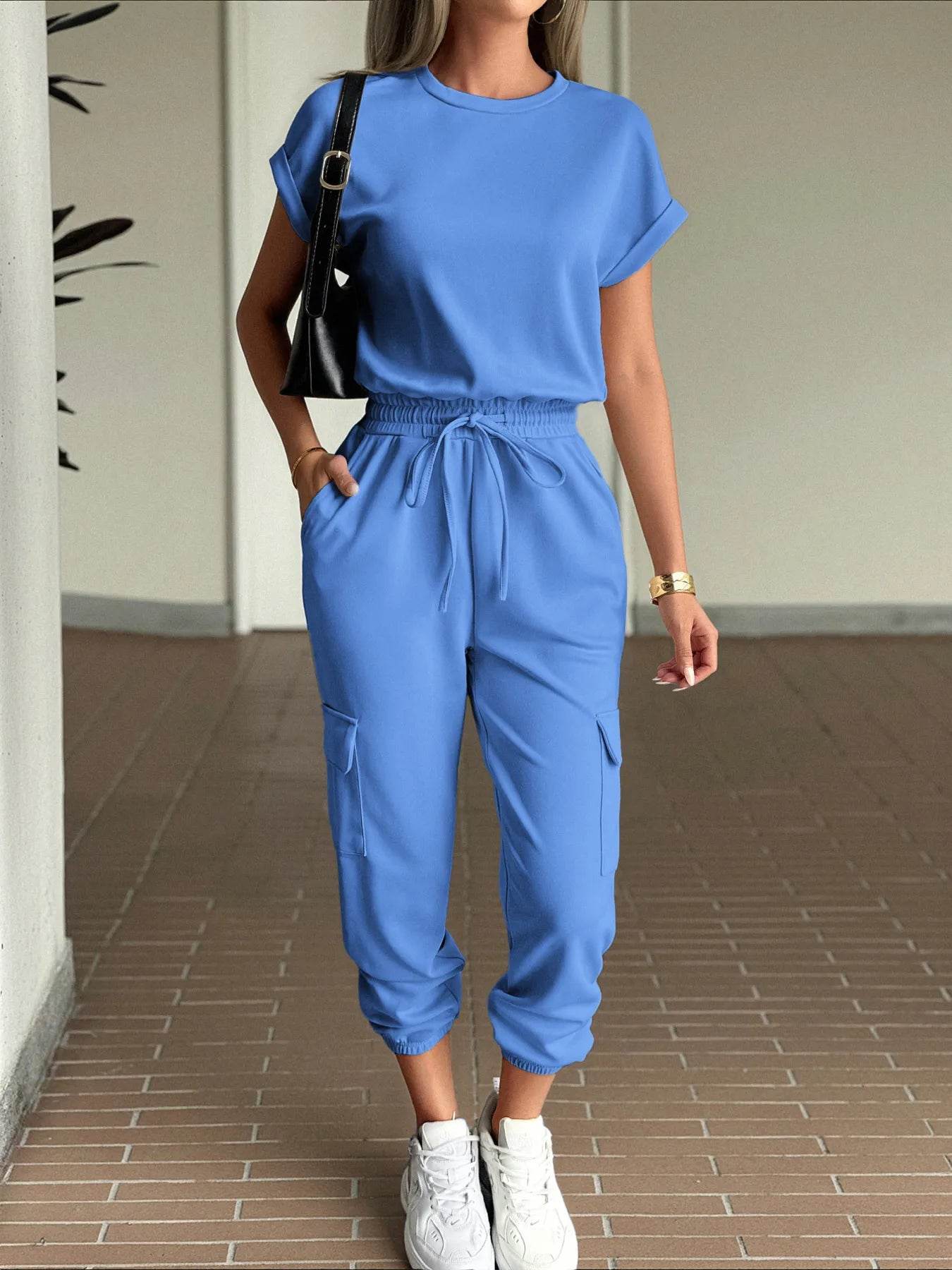 Round Neck Short Sleeve Top and Pants Set - Tredona LLC