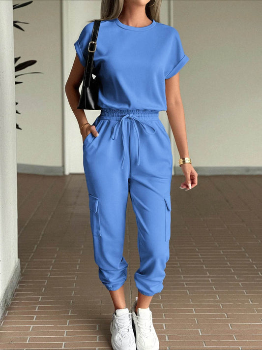 Round Neck Short Sleeve Top and Pants Set - Tredona LLC