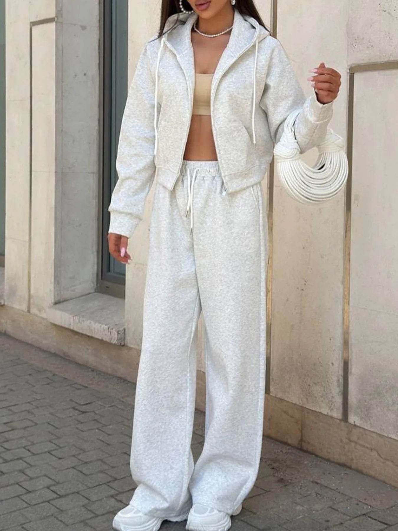 Zip Up Drawstring Hoodie and Pants Set - Tredona LLC