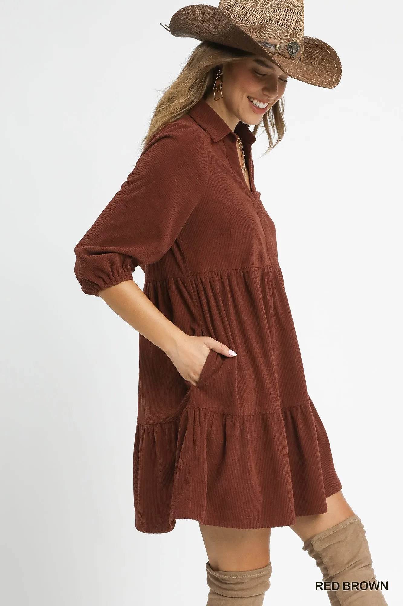 Umgee Tiered Corduroy Mini Dress with Balloon Sleeves - Tredona LLC