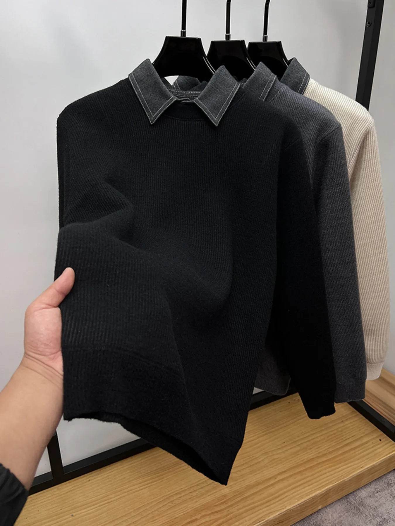 Men's Plus Size Ribbed Knit Collared Neck Sweater - Tredona LLC