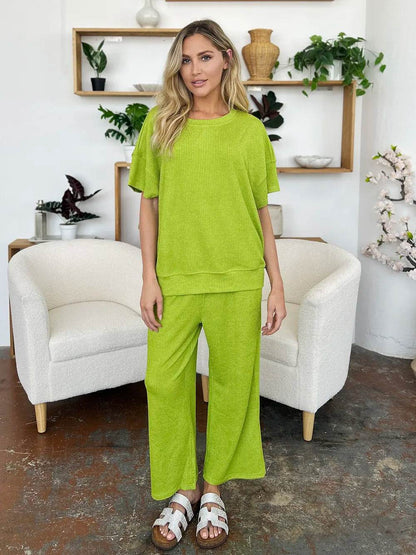 Double Take Full Size Texture Round Neck Short Sleeve T-Shirt and Wide Leg Pants - Tredona LLC