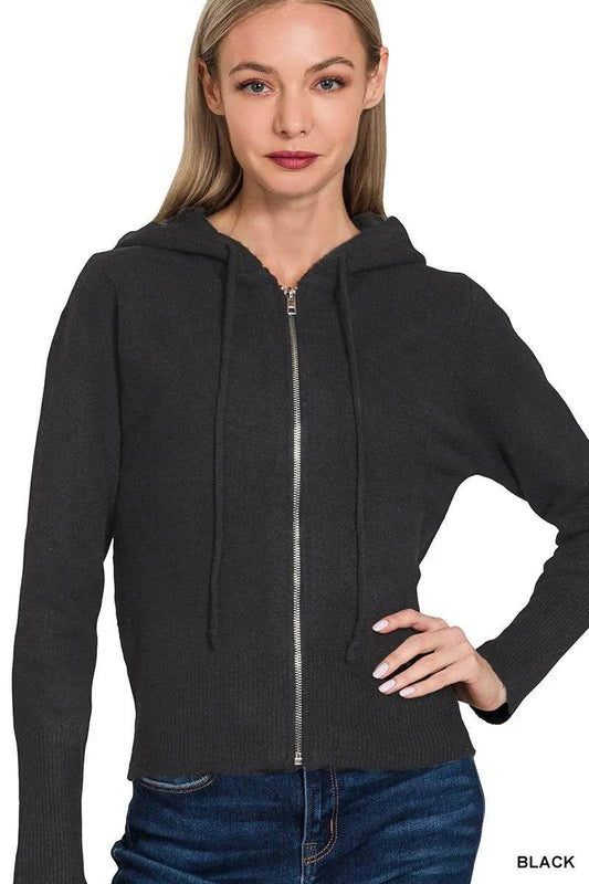 Zenana Drawstring Zip Up Hooded Cardigan - Tredona LLC