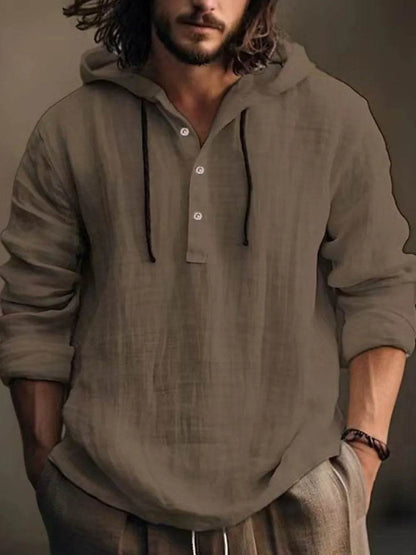 Men's Full Size Half Button Long Sleeve Hoodie - Tredona LLC