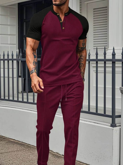 Men's Full Size Waffle-Knit Contrast Top and Drawstring Pants Set Plus Size - Tredona LLC