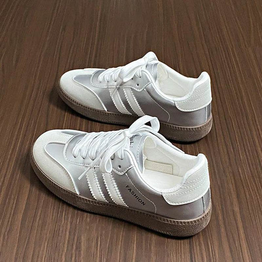 Side Striped Lace Up Round Toe Sneakers - Tredona LLC