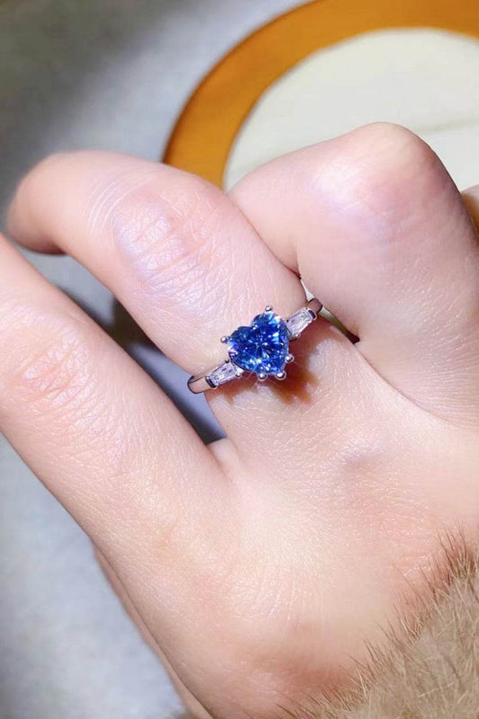 1 Carat Moissanite Heart-Shaped Platinum-Plated Ring in Blue - Tredona LLC