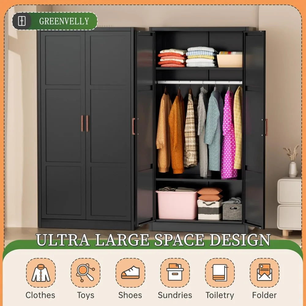 YQXH Metal Wardrobe Cabinet with Wooden Handle, 72" Black Metal Wardrobe Closet with Hanging Rods and Adjustable Shelves