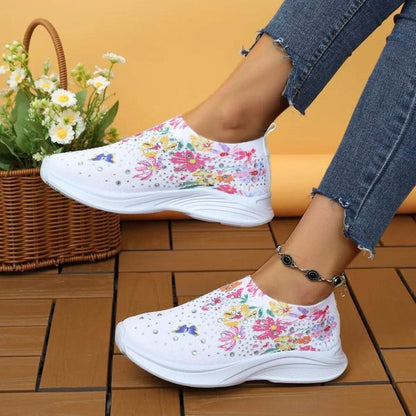 Rhinestone Floral Print Sneakers - Tredona LLC