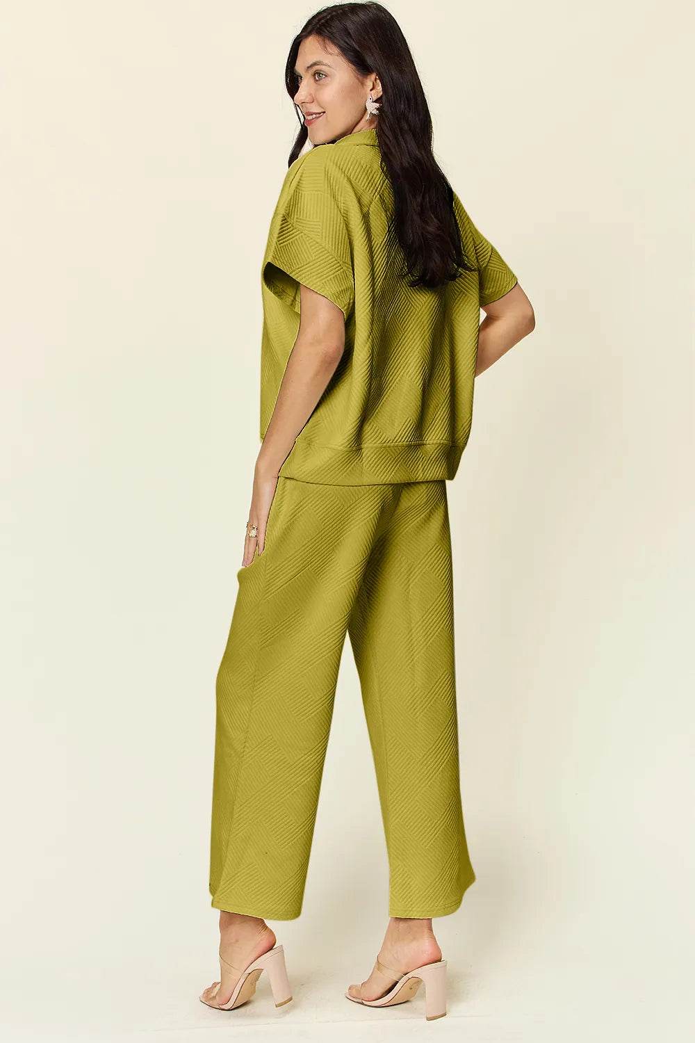 Double Take Full Size Texture Half Zip Short Sleeve Top and Pants Set - Tredona LLC