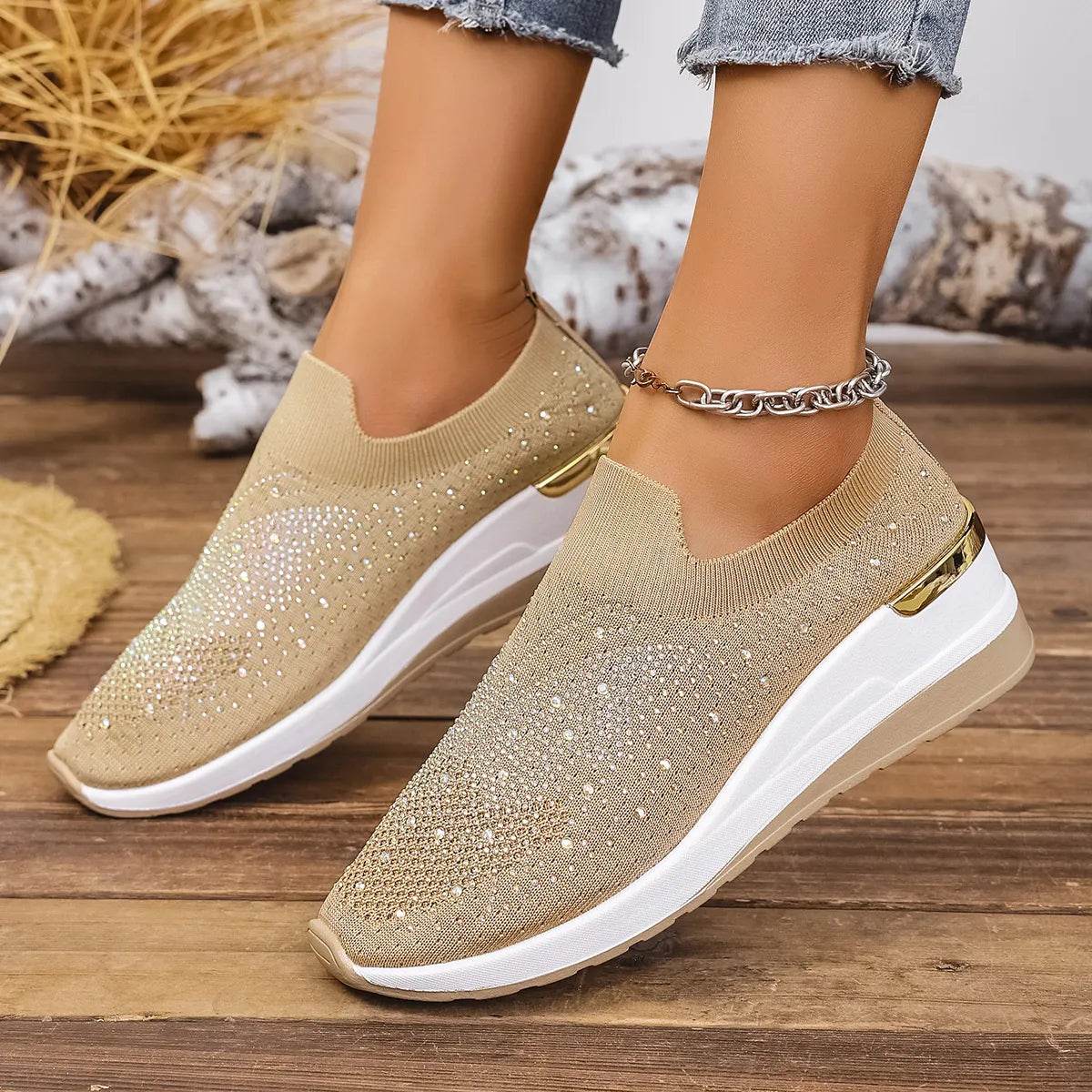 Rhinestone Wedge Sneakers - Tredona LLC