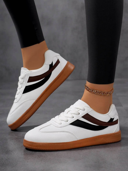 Lace Up Flat Sneakers with Stripe Accent - Tredona LLC