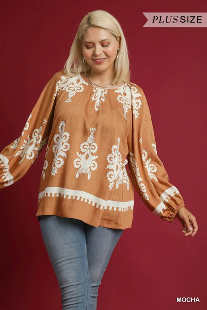 Umgee Full Size Two Tone Border Print Top with Balloon Sleeves Plus Size - Tredona LLC