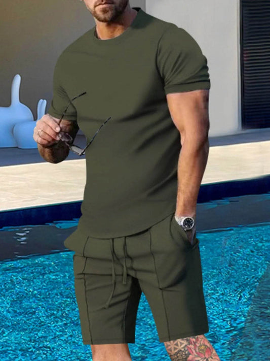 Men's Plus Size Round Neck Short Sleeve Top and Shorts Set - Tredona LLC