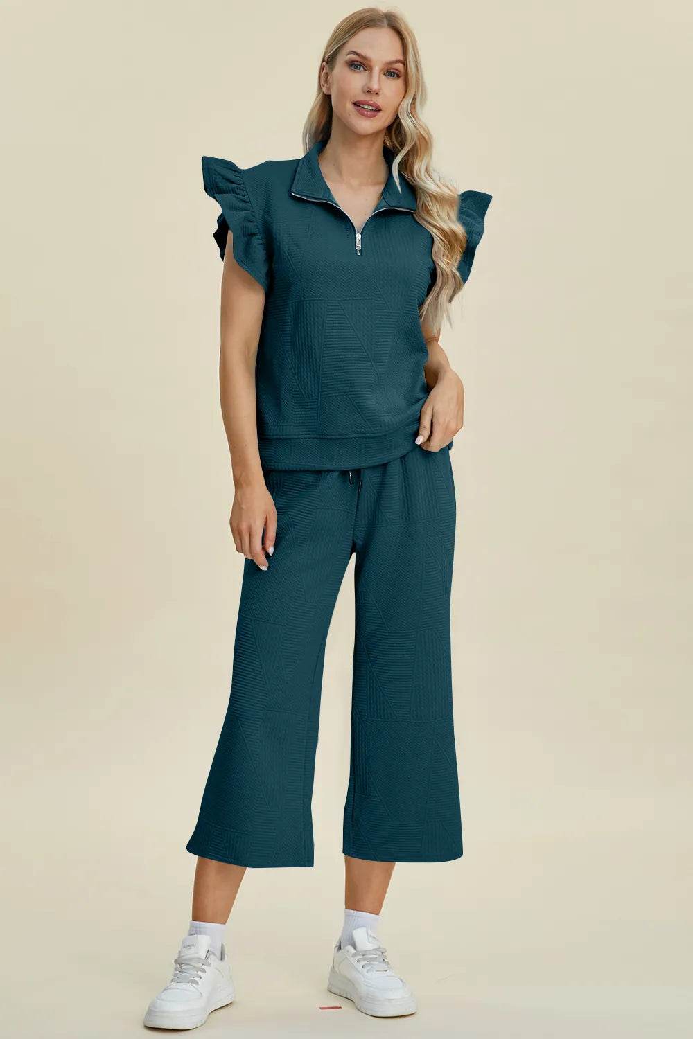 Double Take Full Size Texture Ruffle Short Sleeve Top and Wide Leg Pants Set - Tredona LLC