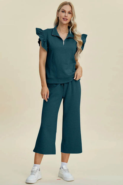 Double Take Full Size Texture Ruffle Short Sleeve Top and Wide Leg Pants Set - Tredona LLC