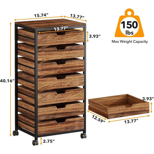 Tribesigns 7 Drawer Chest, Wood Storage Dresser Cabinet with Wheels, Industrial Storage Drawer Organizer Cart for Office Bedroom