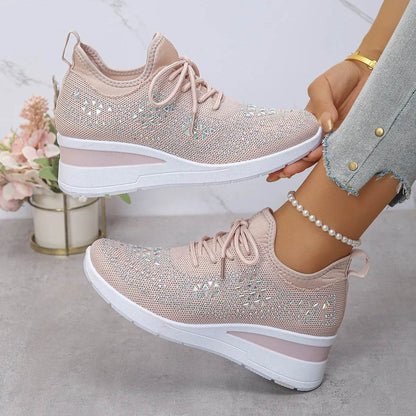 Breathable Mesh Rhinestone Wedge Athletic Sneakers - Tredona LLC