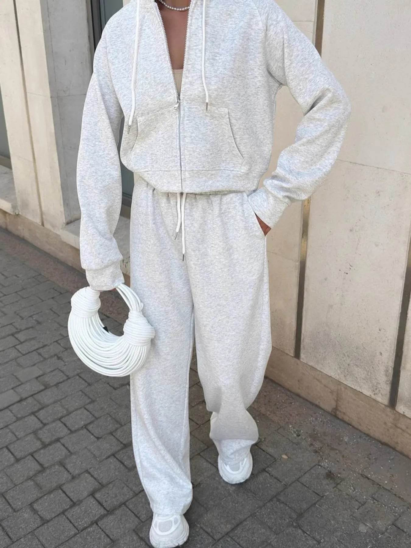 Zip Up Drawstring Hoodie and Pants Set - Tredona LLC