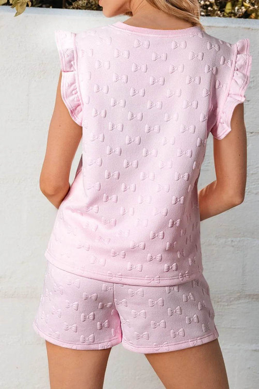 Bow Jacquard Ruffle Cap Sleeve Top and Shorts Set - Tredona LLC