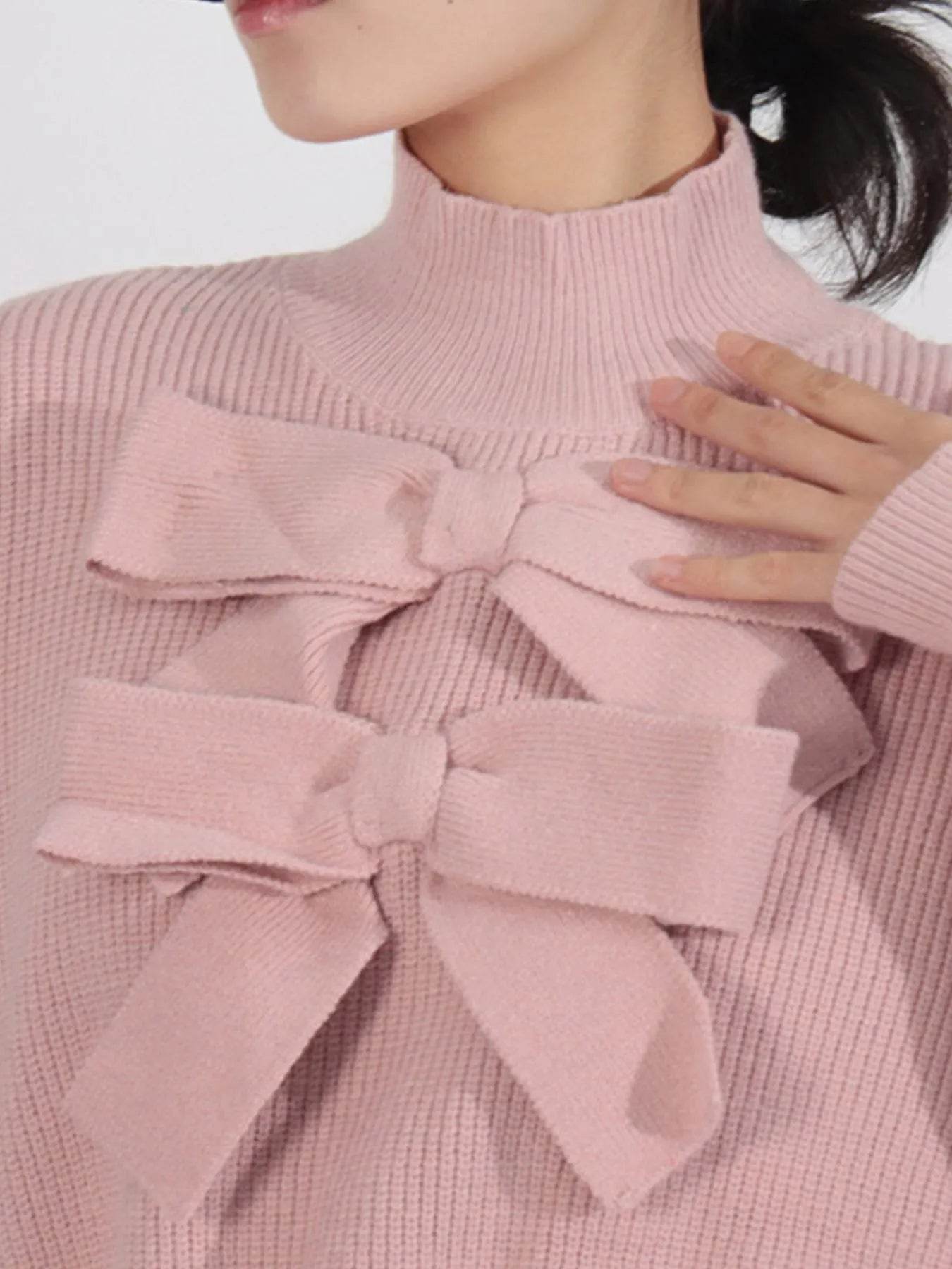 Bow Front Turtleneck Long Sleeve Sweater - Tredona LLC