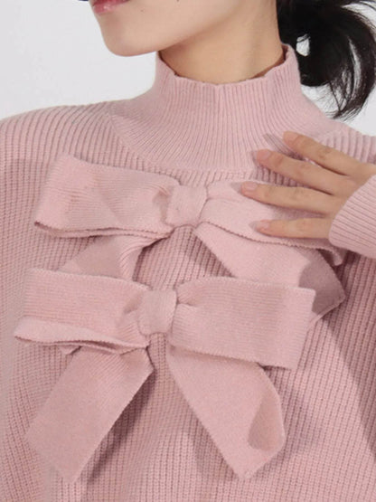 Bow Front Turtleneck Long Sleeve Sweater - Tredona LLC