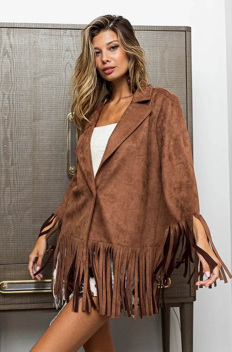 BiBi Single Blazer with Fringed Hem - Tredona LLC