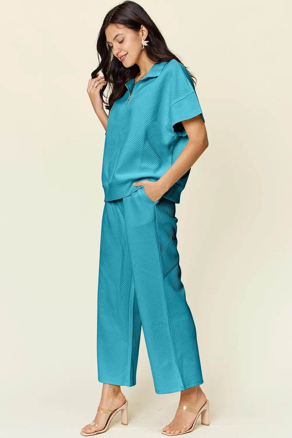 Double Take Full Size Texture Half Zip Short Sleeve Top and Pants Set - Tredona LLC