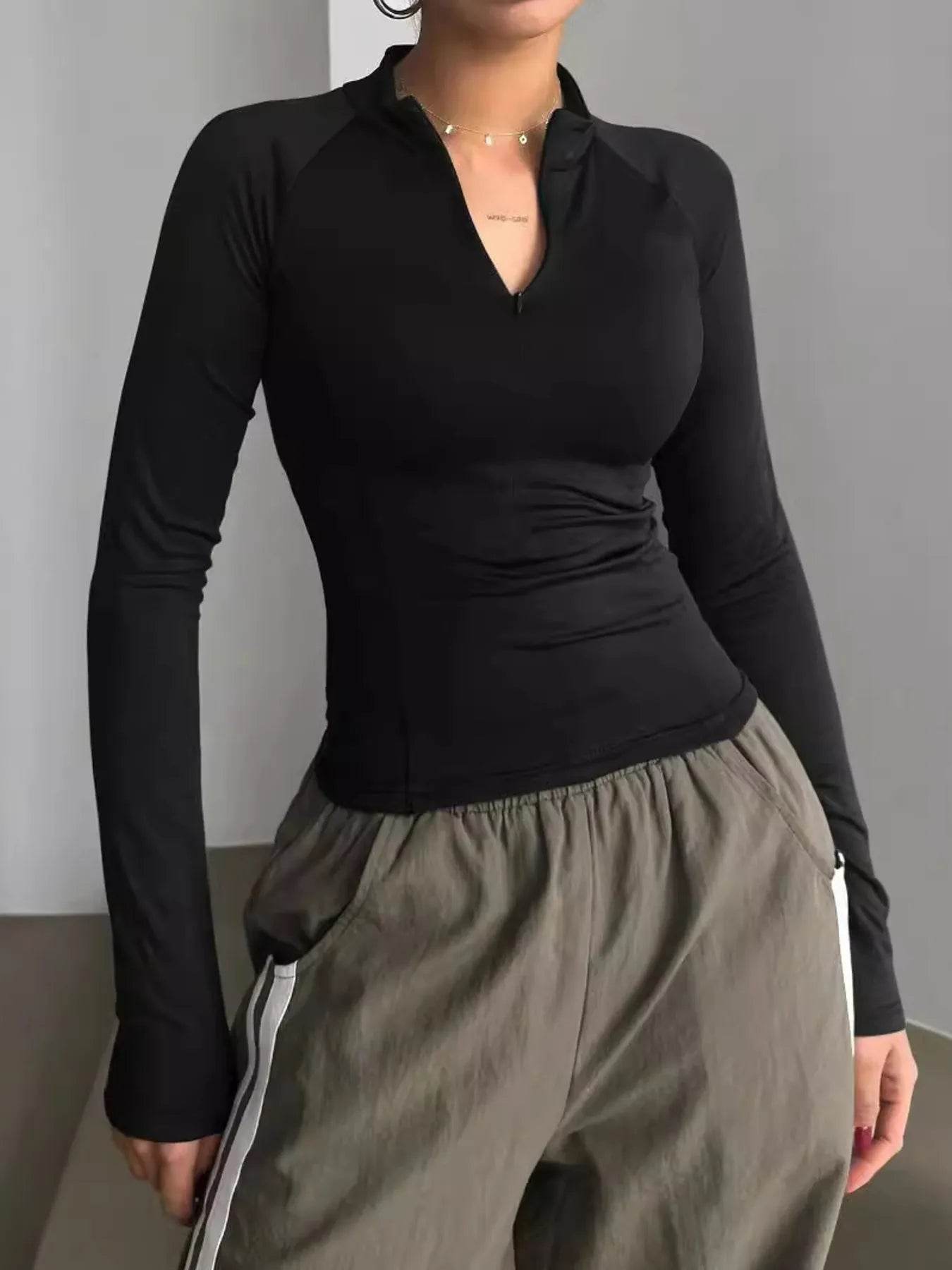 Long Sleeve Zip Front Fitted T-Shirt - Tredona LLC