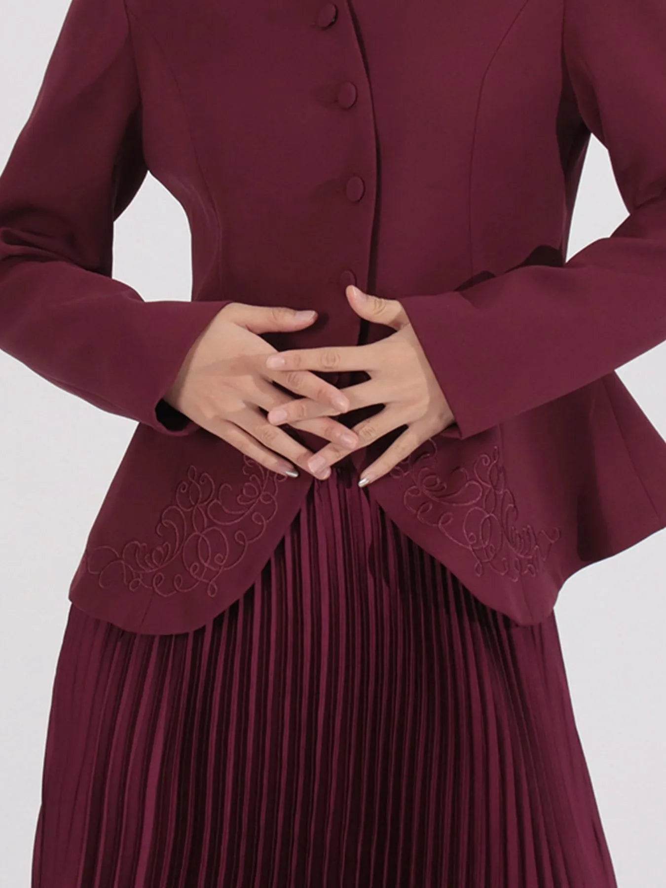 Button Up Long Sleeve Top and Pleated Skirt Set - Tredona LLC