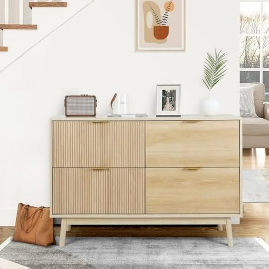VOWNER Fluted 4 Drawers Dresser for Bedroom, 47 Wide Modern Chest of Drawers, Pull-Free Drawers, Wooden Closet Clothes Storage O
