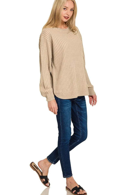 Zenana Curved Hem Two-Tone Ribbed Sweater - Tredona LLC