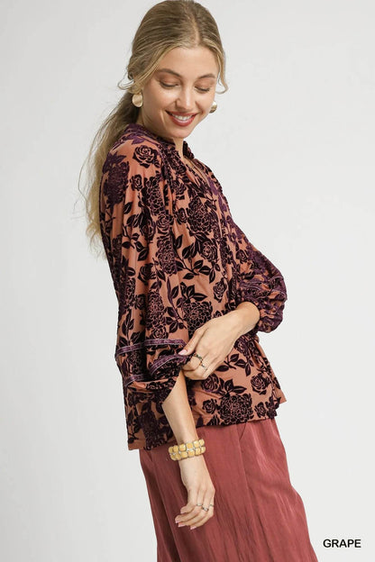 Umgee Floral Velvet Blouse with Balloon Sleeves - Tredona LLC