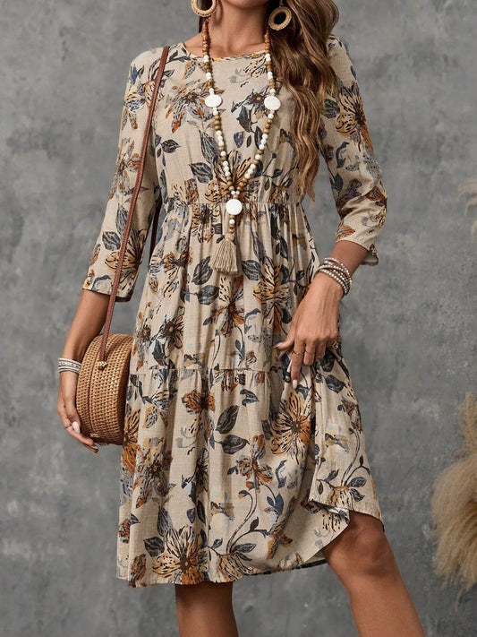 Tiered Printed Three-Quarter Sleeve Dress - Tredona LLC