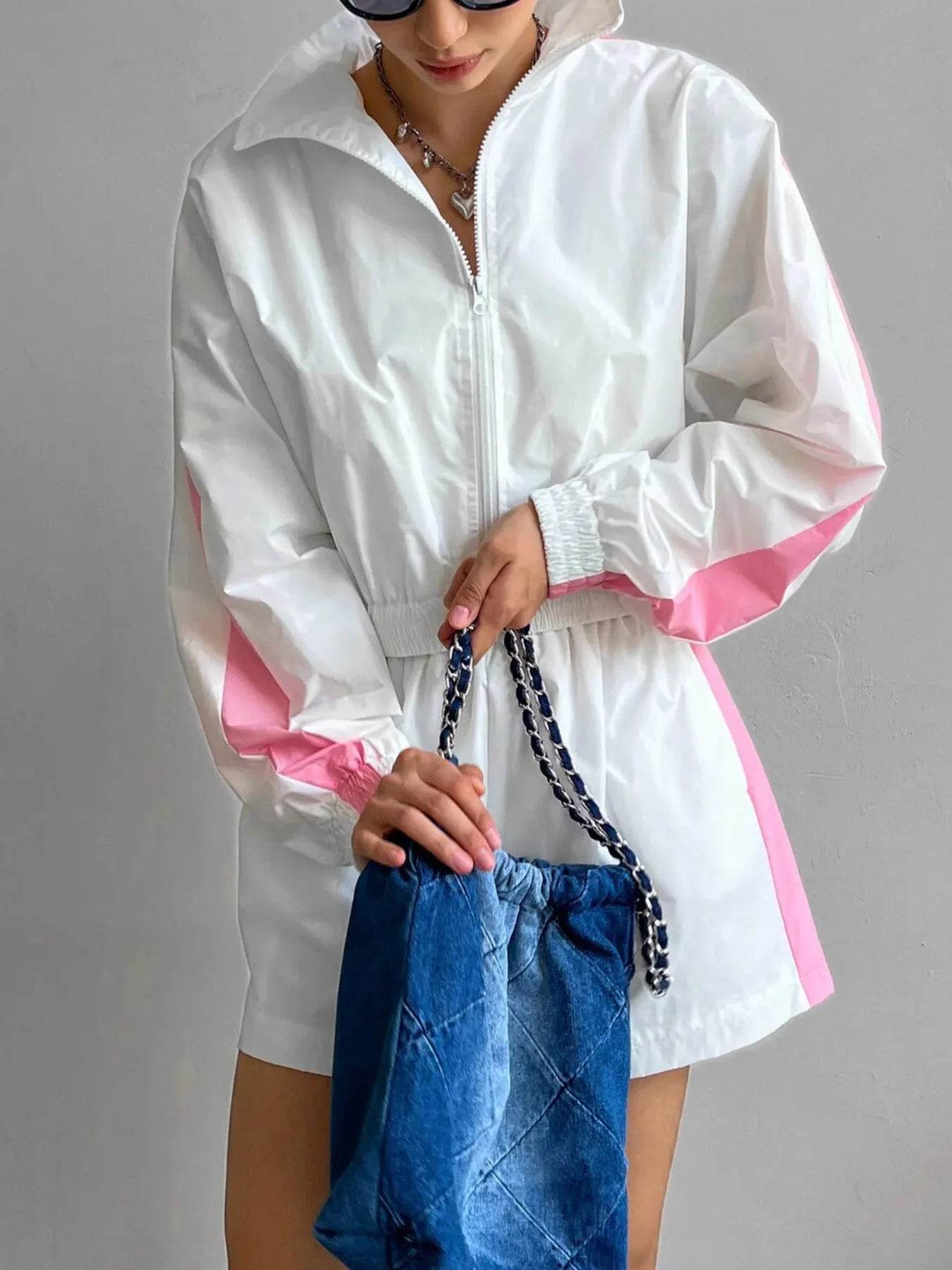 Zip Up Long Sleeve Jacket and Shorts Set - Tredona LLC