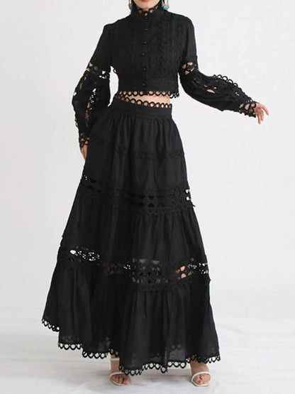 Lace Button Up Long Sleeve Top and Skirt Set - Tredona LLC