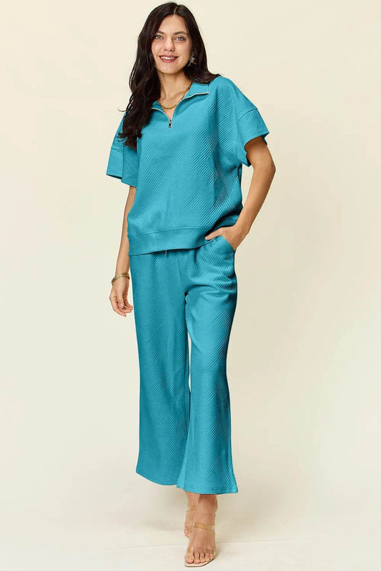 Double Take Full Size Texture Half Zip Short Sleeve Top and Pants Set - Tredona LLC