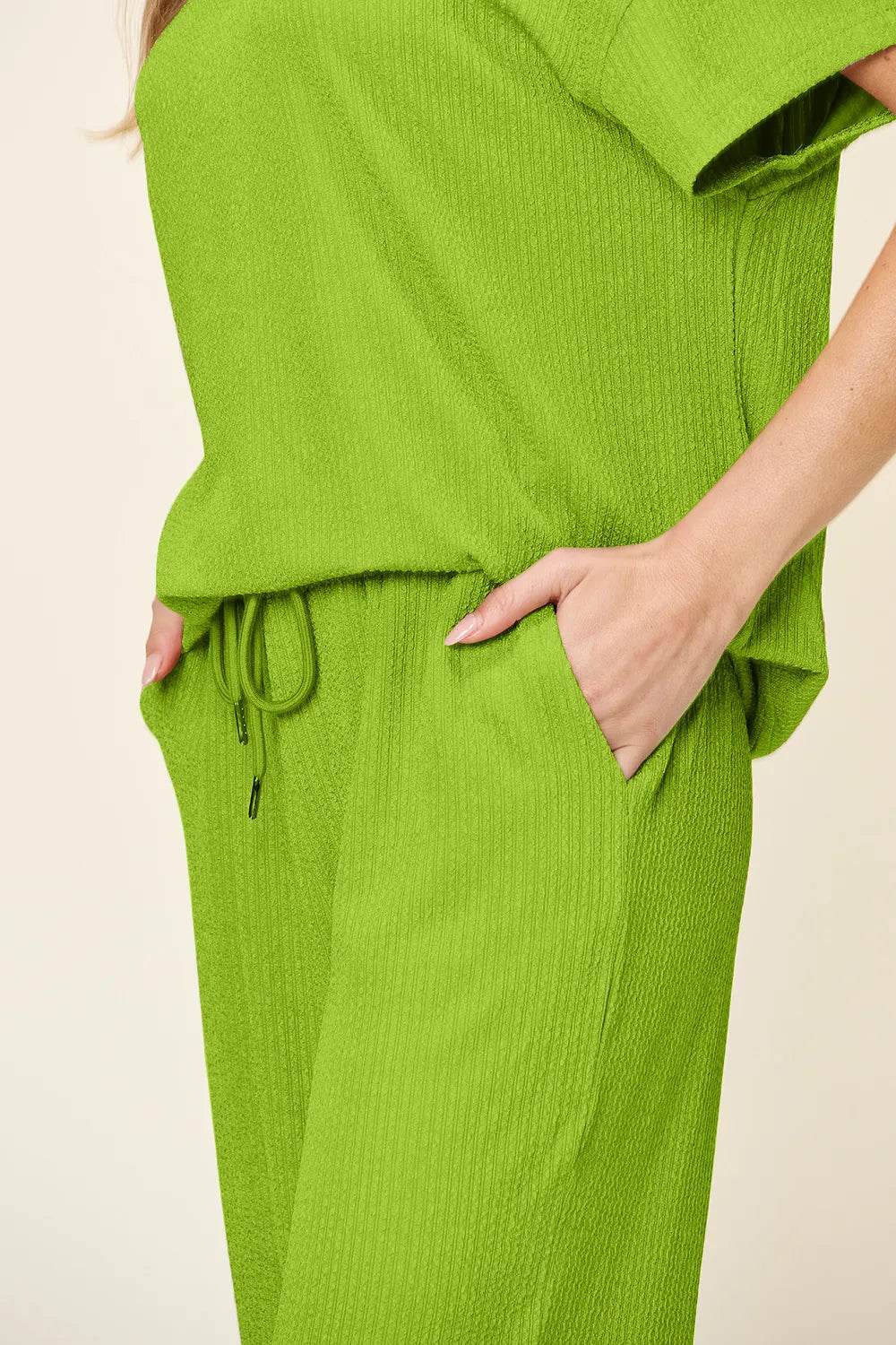 Double Take Full Size Texture Round Neck Short Sleeve T-Shirt and Wide Leg Pants - Tredona LLC