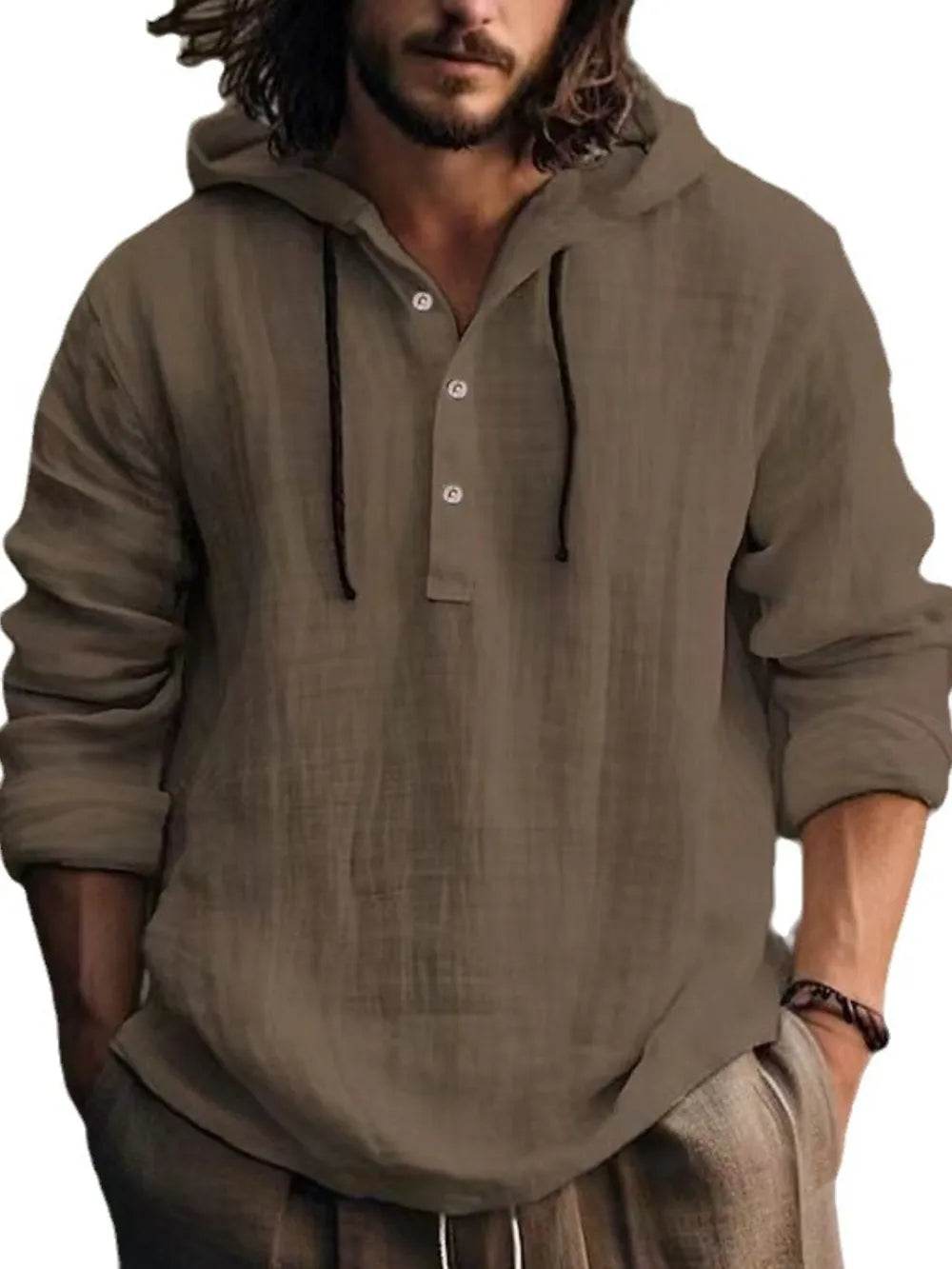 Men's Full Size Half Button Long Sleeve Hoodie - Tredona LLC