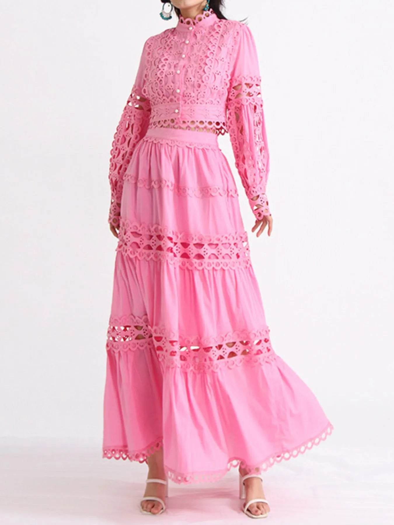 Lace Button Up Long Sleeve Top and Skirt Set - Tredona LLC