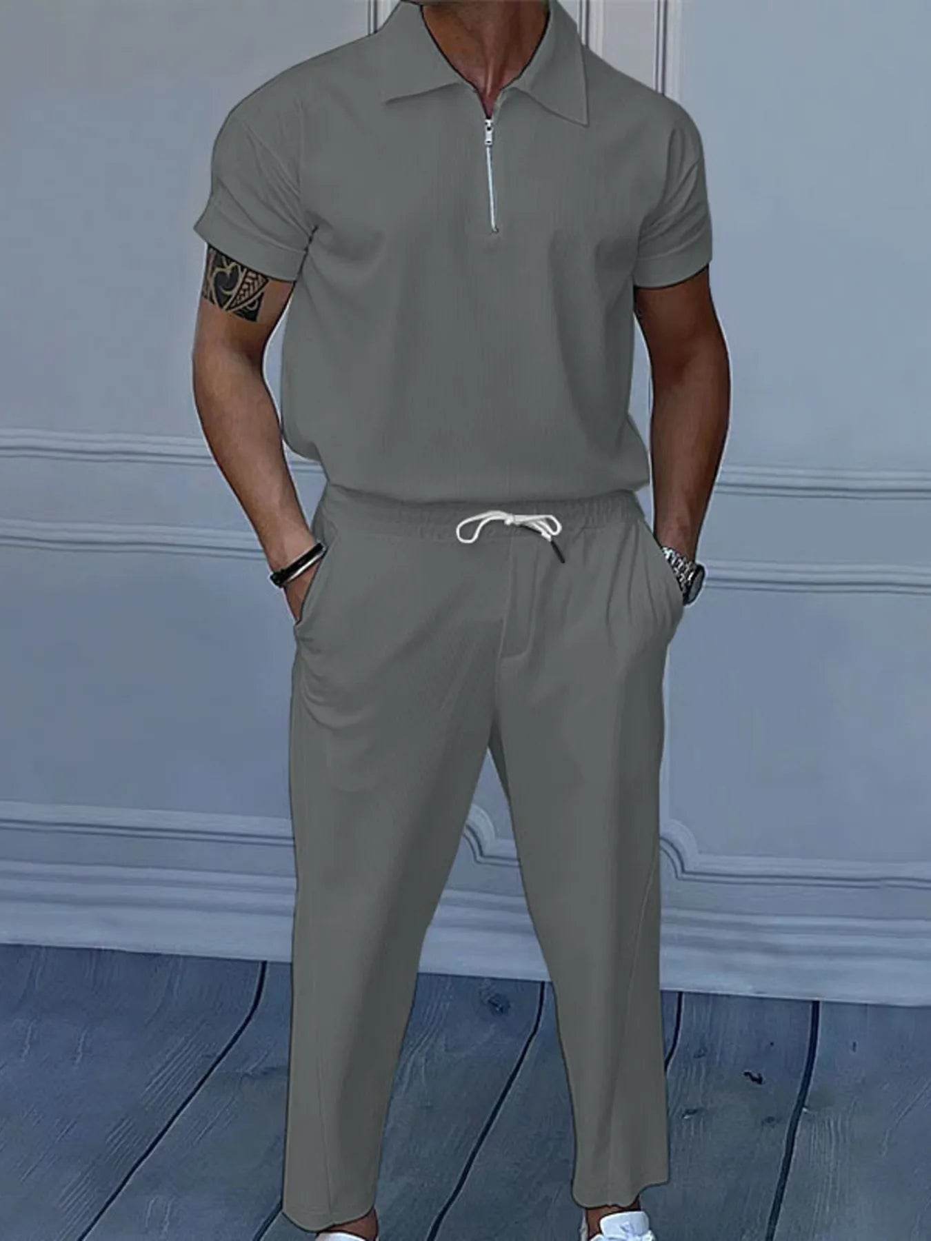 Men's Full Size Quarter Zip Short Sleeve Polo and Pants Set Plus Size - Tredona LLC